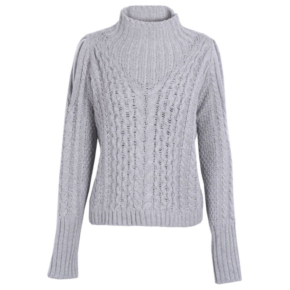 Cold Shoulder Cable Knit Mock Neck Knit Sweater - Picture 2 of 3